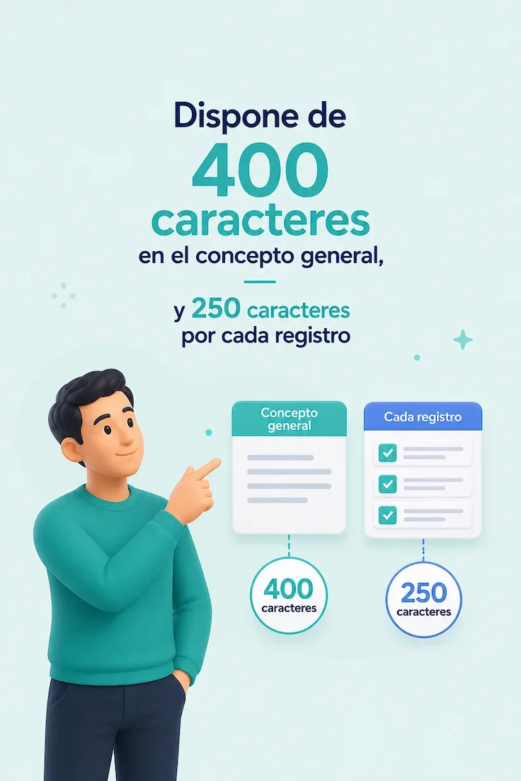 Dispone de 400 caracteres en el concepto general, y 250 por cada registro